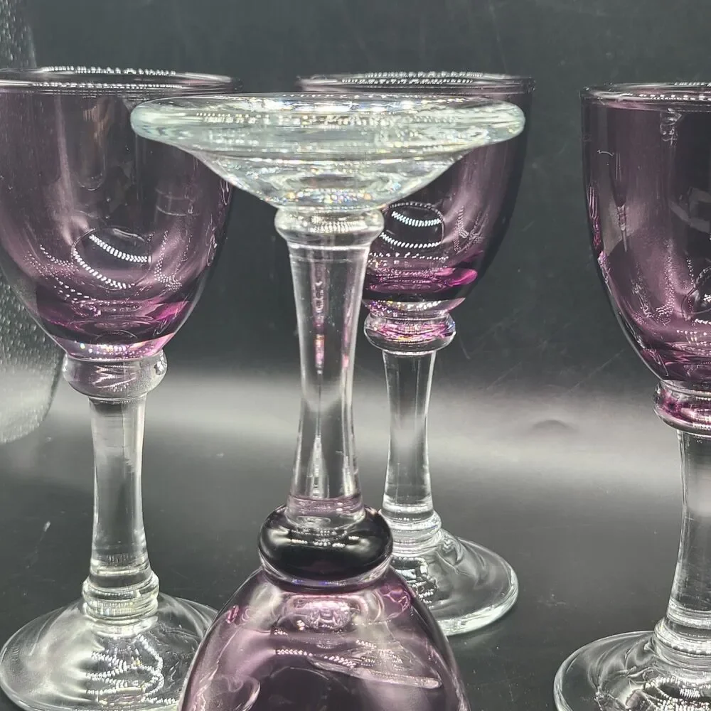 set (4) Vintage Wine Glasses  Amethyst Purple Goblets Barware 7 oz 7.75